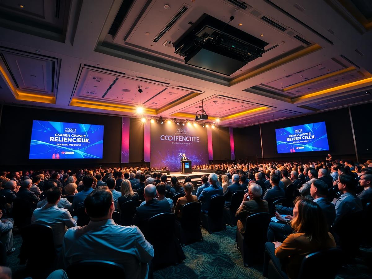 Speaker presenting on stage to a full conference audience