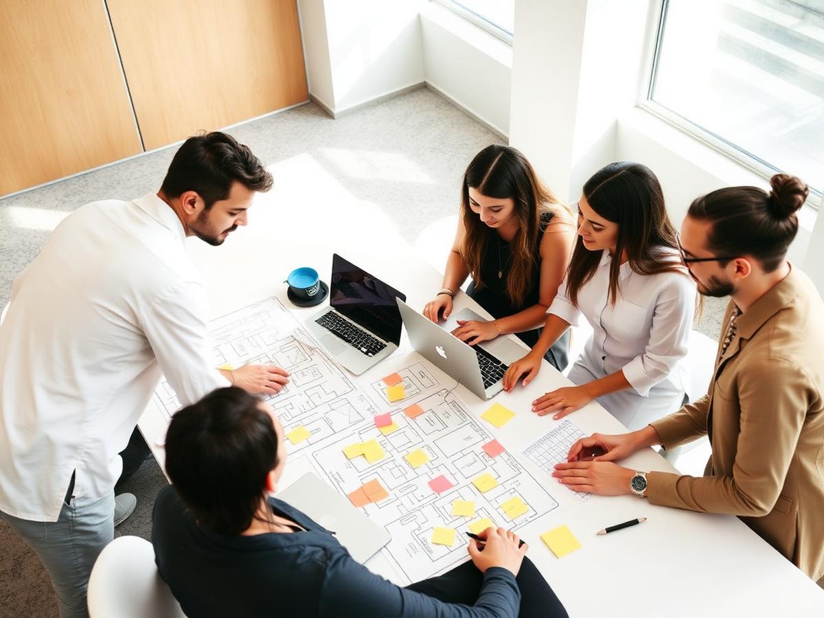 Event team reviewing floor plans and timelines around a table